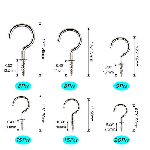 KUUQA 75 Pcs Multi-Size Nickel Plated Ceiling Hooks Set Silver - Heavy Duty Metal Hooks for Home & Garden