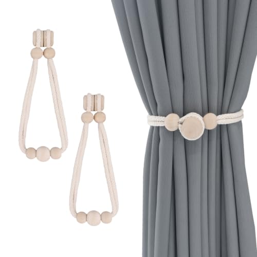 Magnetic Wooden Curtain Tiebacks 2-Pack - Adjustable Rustic Bead Holdbacks