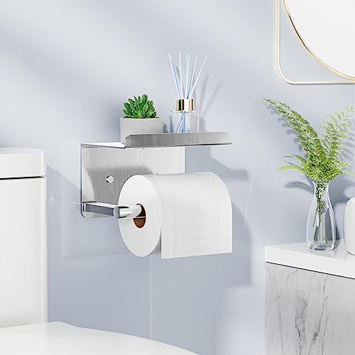Silver Adhesive Toilet Paper Holder with Shelf - Stainless Steel