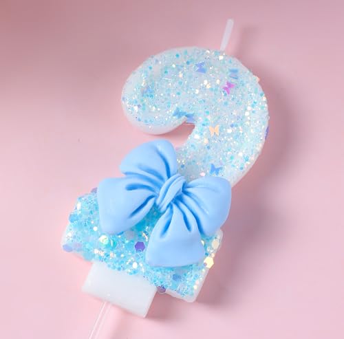 Number 2 Birthday Candle with Blue Bow - 3D Glitter Cake Topper