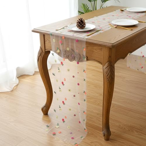 Champagne Embroidered Floral Table Runner Sheer Daisy Dining Decor