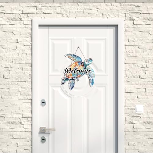 Sea Turtle Wooden Door Sign - Beach Decor Hanging Wall Art 12x10 Inch