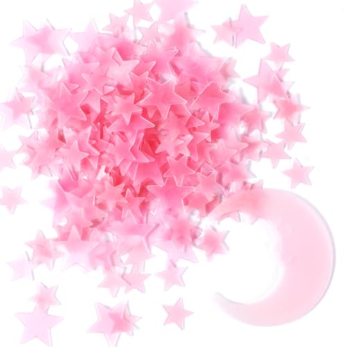 200 Pink Glow in the Dark Stars with Moon for Ceiling Decor