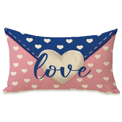 Fahrendom Valentines Day Love Heart Lumbar Pillow Cover 12x20 Inches - Pack of 1