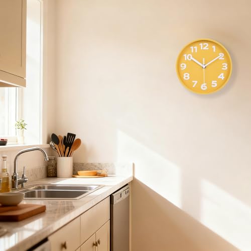 8-Inch Yellow Modern Wall Clock – Silent, 3D Large Numbers, Desk & Wall Use