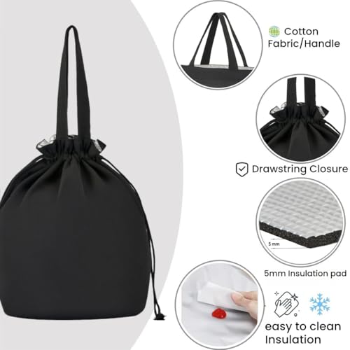 DAROSS Insulated Canvas Lunch Bag - Waterproof Drawstring Tote, Black
