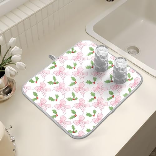 Pink Bow Dish Drying Mat - Absorbent Kitchen Drainer 18"x16"