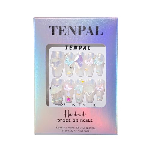 TENPAL Handmade Press on Nails Coffin 3D Crystal Heart Aurora False Nails XS