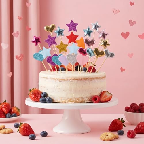 30 Pcs Glitter Star and Heart Cupcake Toppers Rainbow Cake Picks