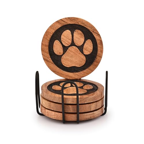 Kimona Set of 4 Wooden Paw Coasters with Iron Holder
