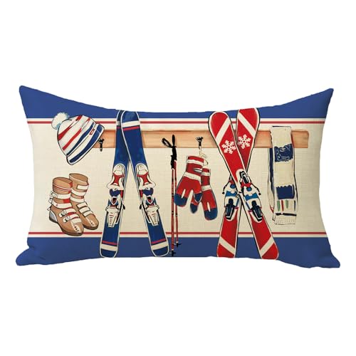 Winter Skiing Decorative Throw Pillow Cover - 12x20 Cotton Linen