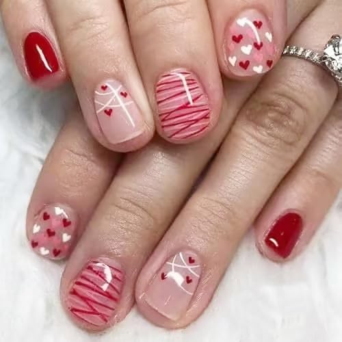 Valentine Press on Nails Short Red White Heart Fake Nails 24Pcs