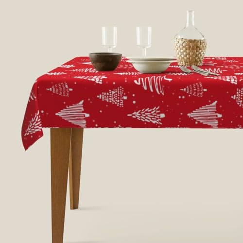 Christmas Tree Tablecloth 60x84 Inch Rectangular Red Holiday Decor - AEIOAE