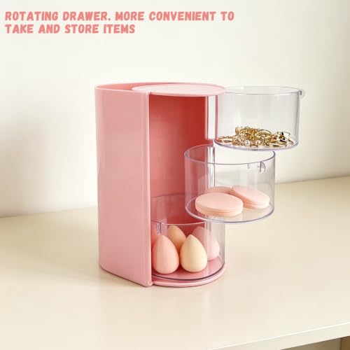 ZUFECY Pink 3-Tier Rotating Makeup Organizer with Clear Drawers & Open Top Compartments