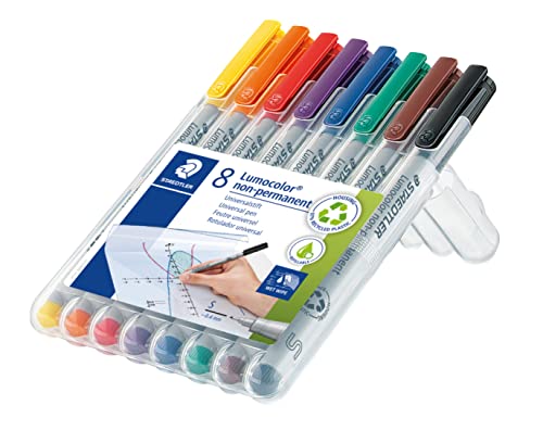 STAEDTLER Lumocolor Non-Permanent Wet Erase Pens, 8 Pack Super Fine Tip