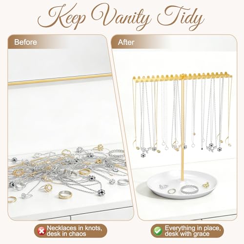Gold Jewelry Organizer Stand with 42 Hooks for Necklaces & Bracelets