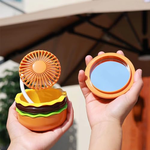Rechargeable Hamburger Mini Fan with Mirror - 3-Speed Cute Toy