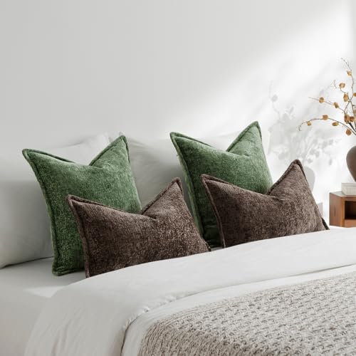 DEZENE Pack of 2 18x18 Forest Green Chenille Throw Pillow Covers for Couch & Bed