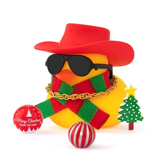 Wonuu Christmas Rubber Duck - Squeaking Mini Ducky Car Dashboard Ornament with Cowboy Hat and Holiday Accessories