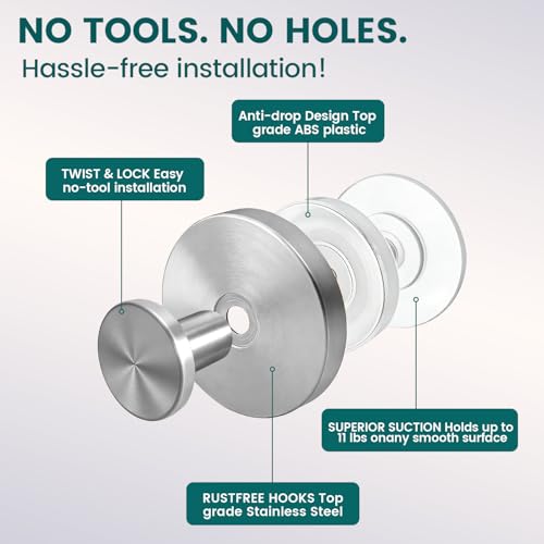 HWERTHREEMER Heavy Duty Stainless Steel Suction Cup Hooks - Silver, 2 Pack
