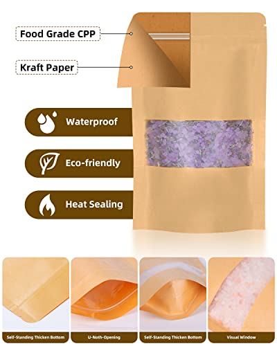 3.5x5.5 Inch Kraft Bags with Window - 50 Pack Reusable Sealable Food Pouches