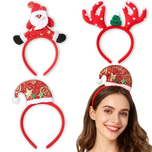 3Pcs Christmas Headbands - Santa Claus & Elk Antlers Hair Accessories
