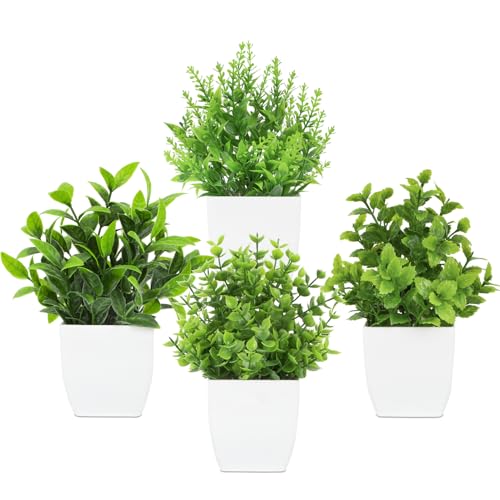 Mini Artificial Plants - Set of 4 Potted Faux Greenery for Home & Office Decor