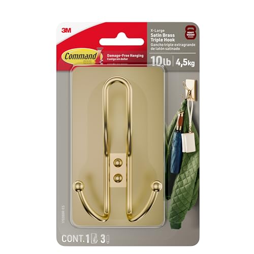 Command X-Large Brass Triple Hook with Adhesive Strips - 10 lb Capacity