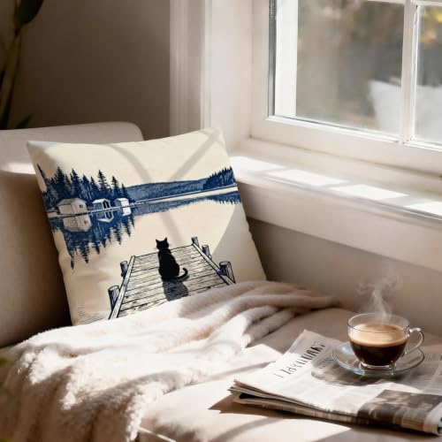 Black Cat Lake House Throw Pillow Cover, 18x18 Coastal Flannelette