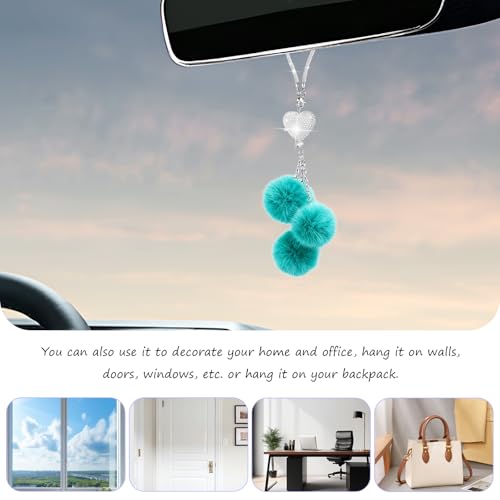 Bling Car Hanging Ornament with Rhinestones & Plush Balls - Blue