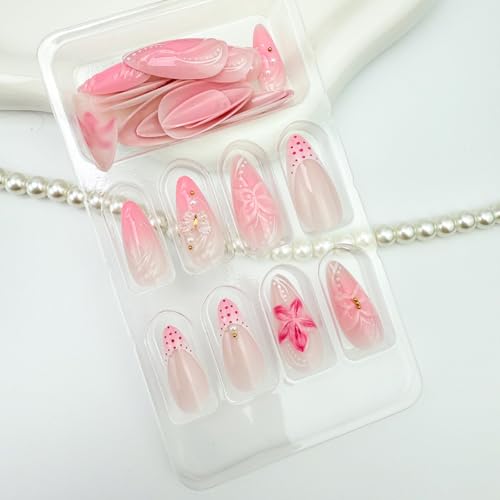 Pink French Almond Press on Nails 3D Butterfly Reusable Acrylic Nails