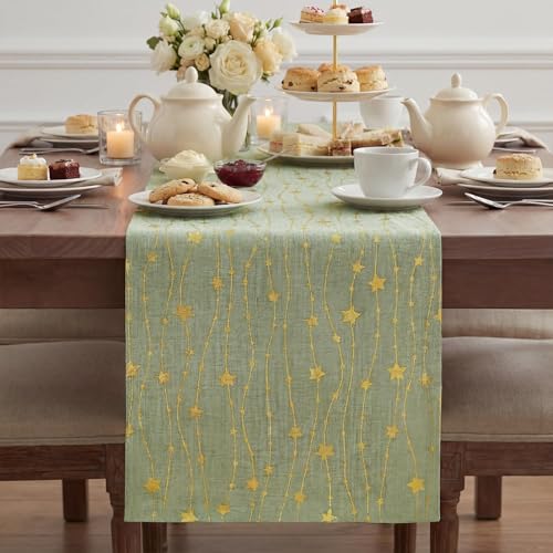 Gold Stars Sage Green Burlap Table Runner 12x48 Inch - Artoid Mode