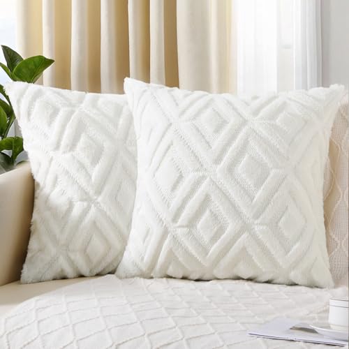 Pallene Cream White Faux Fur Throw Pillow Covers Set of 2 - 18x18 Decorative Pillow Cases with 3D Diamond Pattern