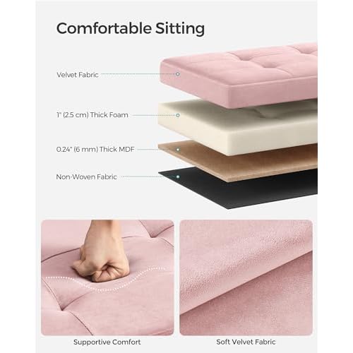 SONGMICS Small Storage Ottoman, Folding Ottoman Cube, 15 x 15 x 15 Inches, Footstool, Footrest, 11 Gal. (43 L), Velvet Surface, for Bedroom, Living Room, Dorm, Jelly Pink ULSF227R01