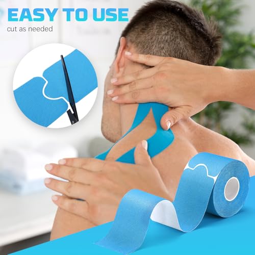80 Strips Kinesiology Tape, 4 Rolls Precut Athletic Tape Elastic Waterproof Sports Tape 2 Inch x 16 Feet Body Tape with Scissors for Joint Support Muscle (Beige, Black, Blue, Pink)