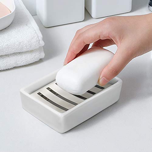 TOPSKY White Ceramic Soap Dish Holder with Stainless Steel Tray