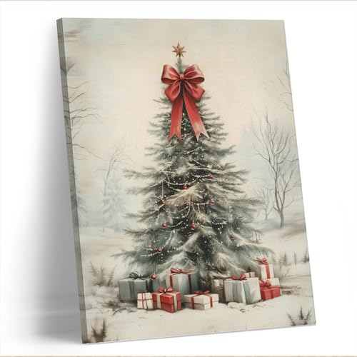 Christmas Wall Decor Canvas Art - Pine Tree with Bow, 11x14 Inches, Color 2