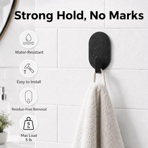 Black Adhesive Wall Hooks - 12 Pcs Minimalist No-Drill Metal Hooks