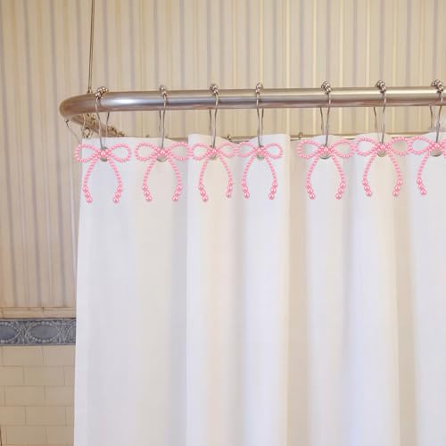 Pink Pearl Bow Shower Curtain Hooks - 12 Decorative Rings