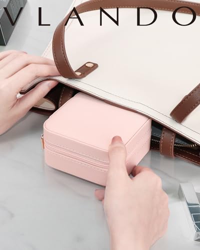 VLANDO Travel Jewelry Box Organizer - Compact Pink Case with Mirror