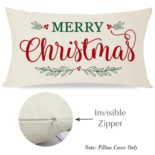 Merry Christmas Pillow Cover 12x20 Inch - Cream Polyester