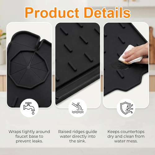 Silicone Kitchen Sink Faucet Mat - 2 Pack Splash Guard & Drain Tray