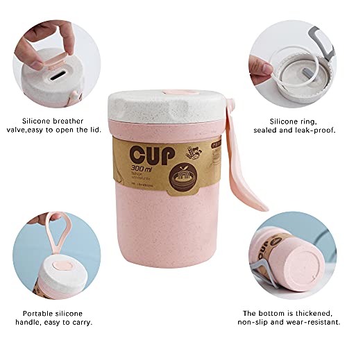 LZYMSZ Wheat Straw Soup Cups Set - 300ml Portable Lunch Box with Spoon (Blue & Pink)