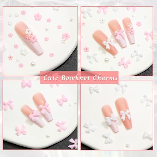 RODAKY Pink Bow & Pearl Flower Nail Art Charms 3D Resin Flatback Decorations