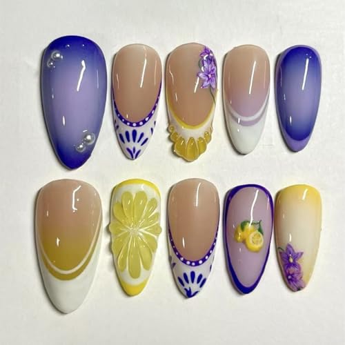 French Tip Press on Nails Medium Almond Acrylic False Nails with Lemon Flower