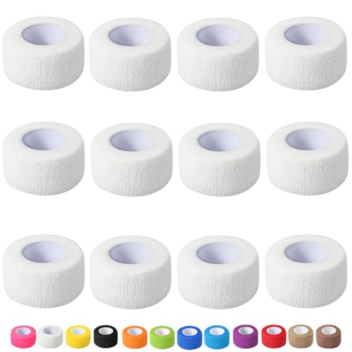 12 Pack Self Adhesive Bandage Wrap, 1 in x 5 Yards Non-Woven Self Adherent Cohesive Bandage, Vet Wrap Wound Tape for Thumb Finger Wrist Knee Ankle, White