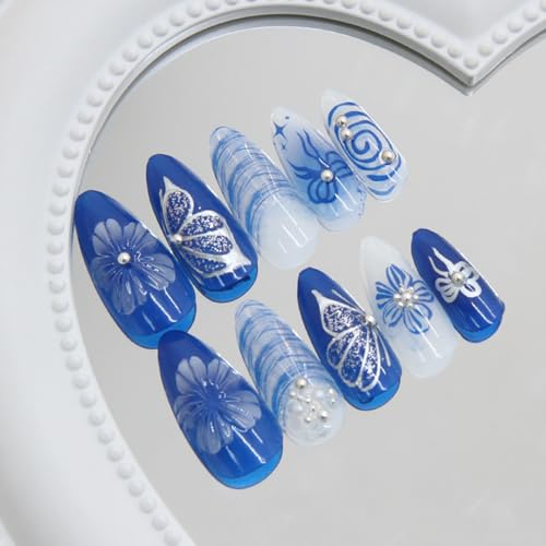 Blue French Tip Press On Nails Medium Almond Fake Nails with 3D Flowers