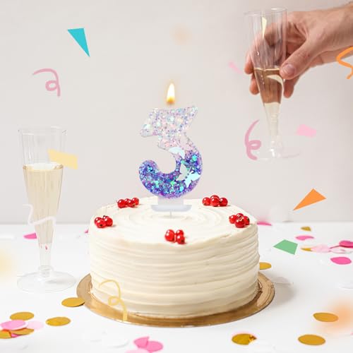 Purple Butterfly Glitter Number 3 Candle, 2.87 Inch Birthday Cake Topper