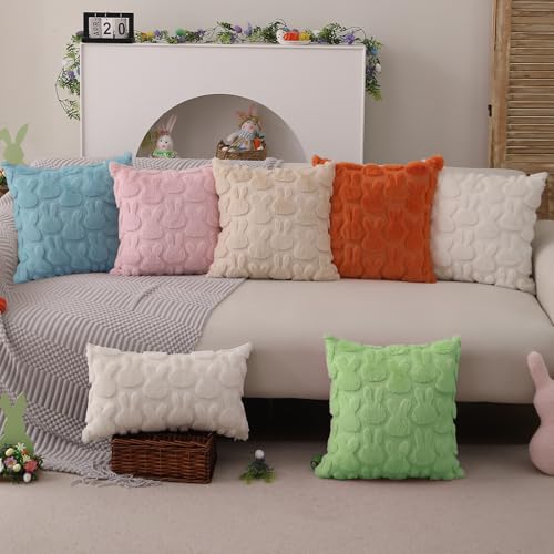 Easter Rabbit Throw Pillow Covers 18x18, Cream White Plush Set of 2