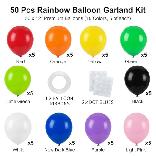50-Pack 12-Inch Rainbow Balloons Set for Parties - Helium Quality